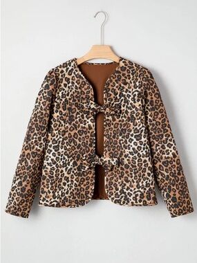 NEW Boutique Quilted Leopard Print Tie-Front Jacket Medium Brown Tan Trendy Bows
